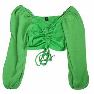 NWOT Amazon Green Ruched Statement Sleeve Cropped Blouse / Festival / Y2K